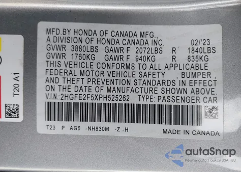 2023 Honda Civic Sport from USA, damaged, VIN 2HGFE2F5XPH525262